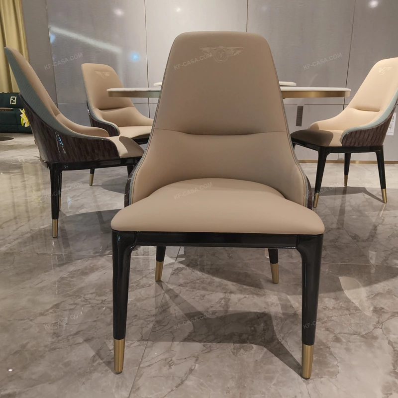 High-Back Leather Dining Chair with Woven Upper Panel and High-Gloss Wood Back